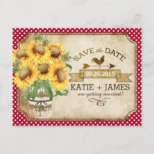 Carte Postale Faire-part Country Picnic Sunflower En vichy Sauvez la date
