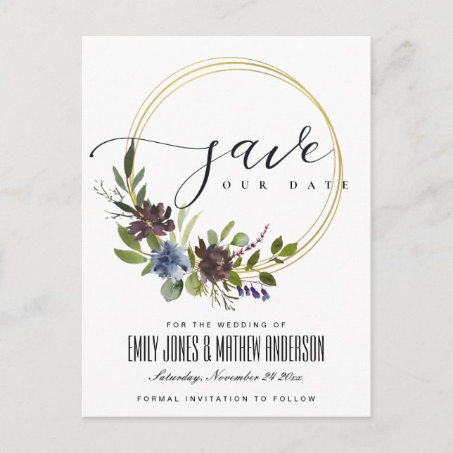 CARTE POSTALE FAIRE-PART COURONNE DE FOLIAGE MAROON KRAFT SAVE THE DATE (Devant)