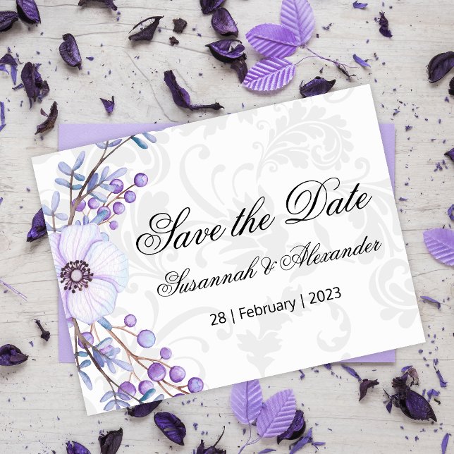 Carte Postale Faire-part Couronne de mariage fleurie violette avec des baie (Créateur téléchargé)