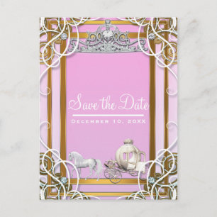 Carte Postale Faire-part Couronne de princesse en or rose et carrosse Save 