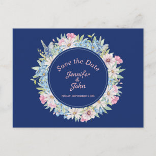 Carte Postale Faire-part Couronne florale charmante Bleu Mariage Enregistre