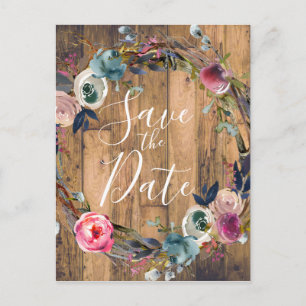 Carte Postale Faire-part Couronne florale de branches de bois rustique Enre