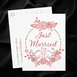 Carte Postale Faire-part Couronne florale d'inséparables rouge mariage just