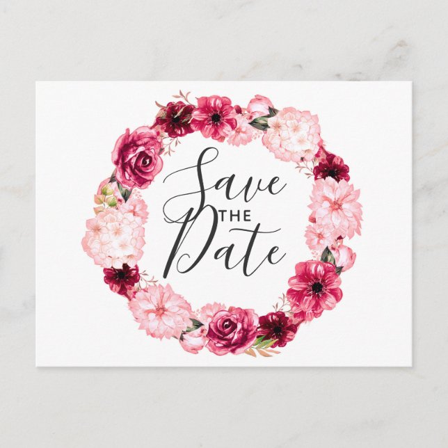Carte Postale Faire-part Couronne florale rose et burgundy Save the Date (Devant)