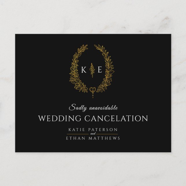 Carte Postale Faire-part Couronne monogramme annulation mariage noir or (Devant)