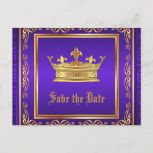 Carte Postale Faire-part Couronne Royale Or et Violet Enregistrer la Date