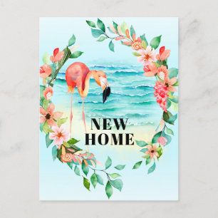 Carte Postale Faire-part Couronne tropicale de flamant rose scène de plage 