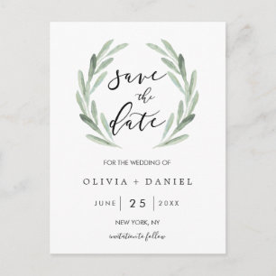 Carte Postale Faire-part Couronne verte rustique Simple mariage Sauvegarder