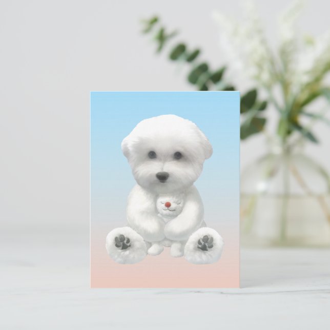 Carte Postale Faire-part Cozy Plush Moment: Smiling Bichon Hugging Mini Pup (Debout devant)