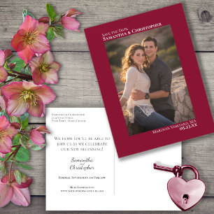 Carte Postale Faire-part Cranberry Red Minimal Photo Wedding Enregistrer la