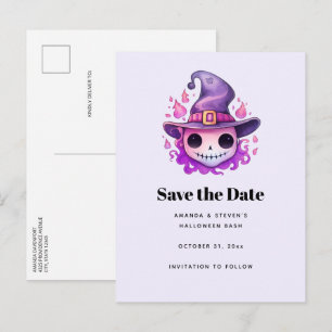 Carte Postale Faire-part Crâne dans un chapeau de sorcière Fantaisie Hallow