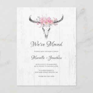 Carte Postale Faire-part Crâne de vache rustique blush floral boho déménage
