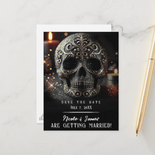 Carte Postale Faire-part Crâne Pailleté Glitter Noir Glamour Gothique Sauve