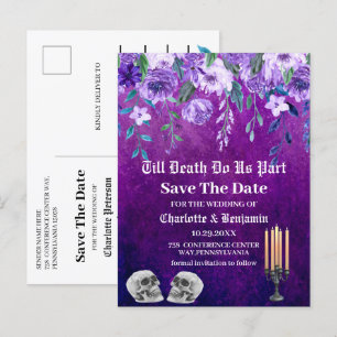 Carte Postale Faire-part Crâne violet Enregistrer la date Halloween Mariage
