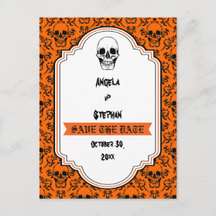 Carte Postale Faire-part Crânes damas orange noir Halloween Save the Date