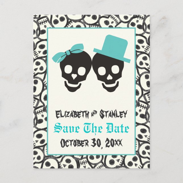 Carte Postale Faire-part Crânes Halloween Turquoise mariage Enregistrer la  (Devant)