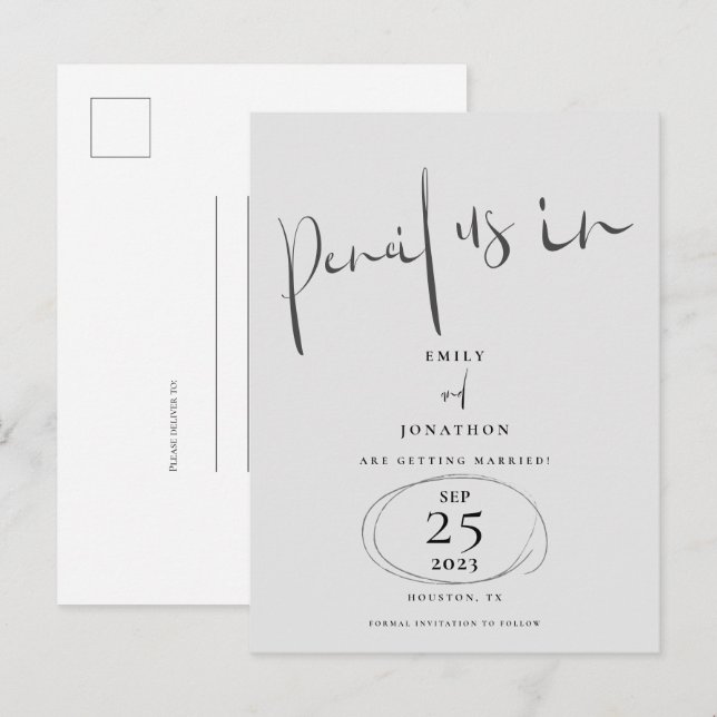 Carte Postale Faire-part Crayon Minimal Nous En Gris Script Enregistrer La  (Devant / Derrière)