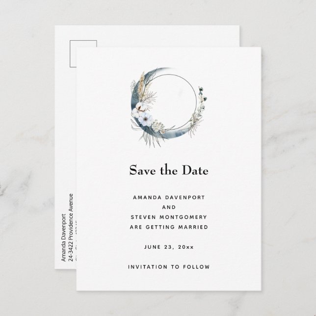 Carte Postale Faire-part Croissant de Lune Bleu avec Fleurs Blanches (Devant / Derrière)