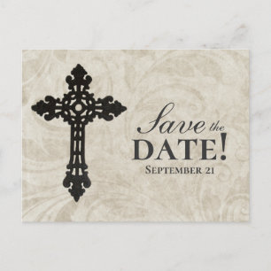 Carte Postale Faire-part Croix catholique vintage Swirl Enregistrer la date