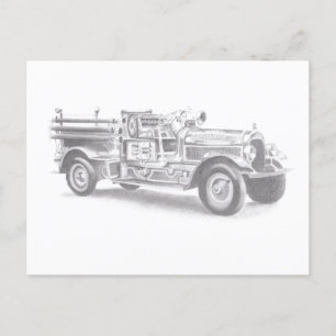 Carte Postale Faire-part croquis au crayon d'un camion de pompiers vintage 