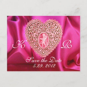 Carte Postale Faire-part CUPID LACE COEUR SOIE FUCHSIA TISSU, Rose Rouge