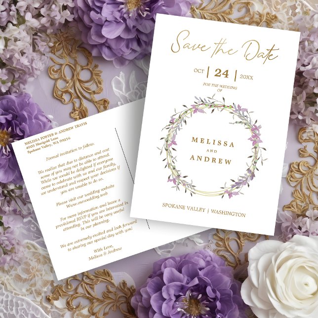 Carte Postale Faire-part Custom Lilac Elegant Garland Wreath Wedding (Custom Lilac Elegant Garland Wreath Wedding Save the Date Postcard.)
