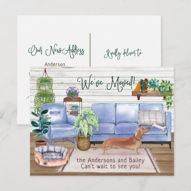 Carte Postale Faire-part Cute Brown Dachshund Cosy New Home Moving (Devant / Derrière)