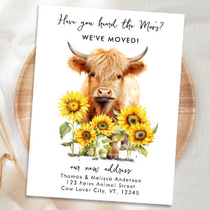 Carte Postale Faire-part Cute Highland Cow Sunflowers Nouvelle adresse Movi
