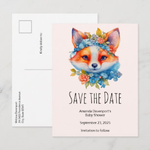 Carte Postale Faire-part Cute Renard orange avec Couronne florale