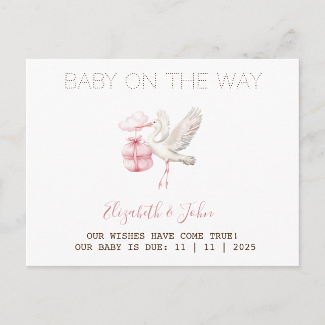 Carte Postale Faire-part Cute Stork Pink Present (Devant)