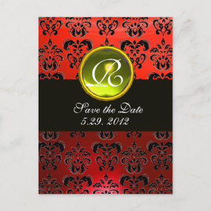 Carte Postale Faire-part DAMAS NOIR BLANC ET ROUGE TOPAZE JAUNE Monogramme