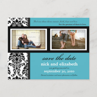 Carte Postale Faire-part Damask 2-Photo Aqua-Black-White Enregistrer la dat