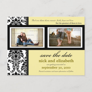 Carte Postale Faire-part Damask 2-Photo Jaune-Noir-Blanc Enregistrer la dat
