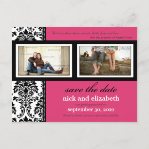 Carte Postale Faire-part Damask 2-Photos Fuschia-Noir-Blanc Enregistrez la
