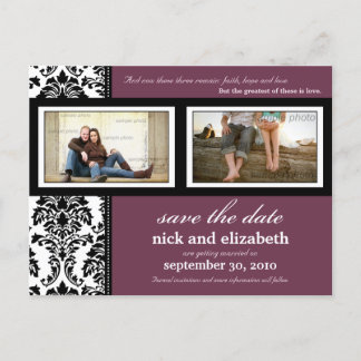 Carte Postale Faire-part Damask 2-Photos Prune-Noir-Blanc Enregistrer la Da