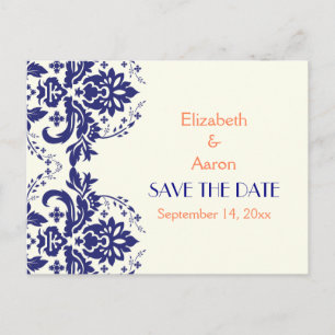 Carte Postale Faire-part Damask marine bleu, mariage de corail Enregistrer