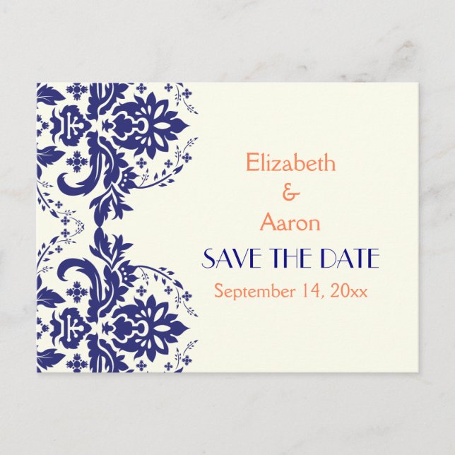 Carte Postale Faire-part Damask marine bleu, mariage de corail Enregistrer  (Devant)