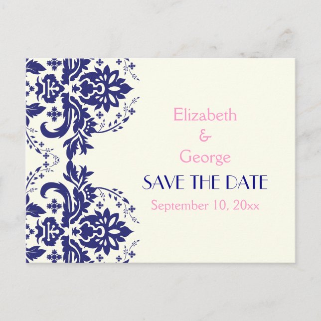 Carte Postale Faire-part Damask marine bleu, mariage rose Enregistrer la da (Devant)