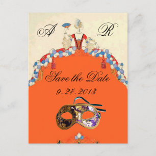 CARTE POSTALE FAIRE-PART DAME ORANGE MASQUERADE PARTY SAVE LA DATE