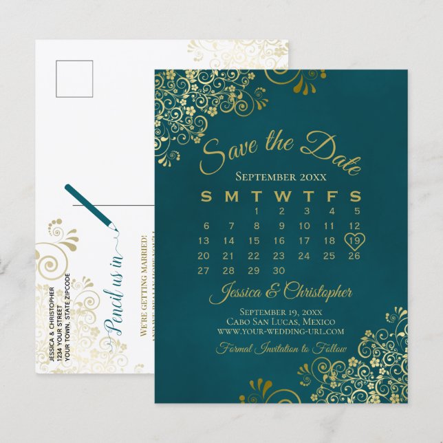 Carte Postale Faire-part Dark Teal & Gold Wedding Save the Date Calendar (Devant / Derrière)