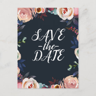 Carte Postale Faire-part Date à retenir Fleurs pastel bleu foncé et rose bl