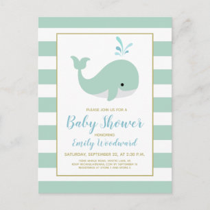 Carte Postale Faire-part de Baby Shower Baleine Vert Menthe Mign