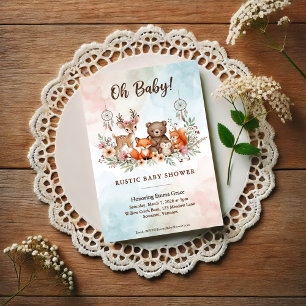 Carte Postale Faire-part de Baby Shower Boho Animaux de la Forêt