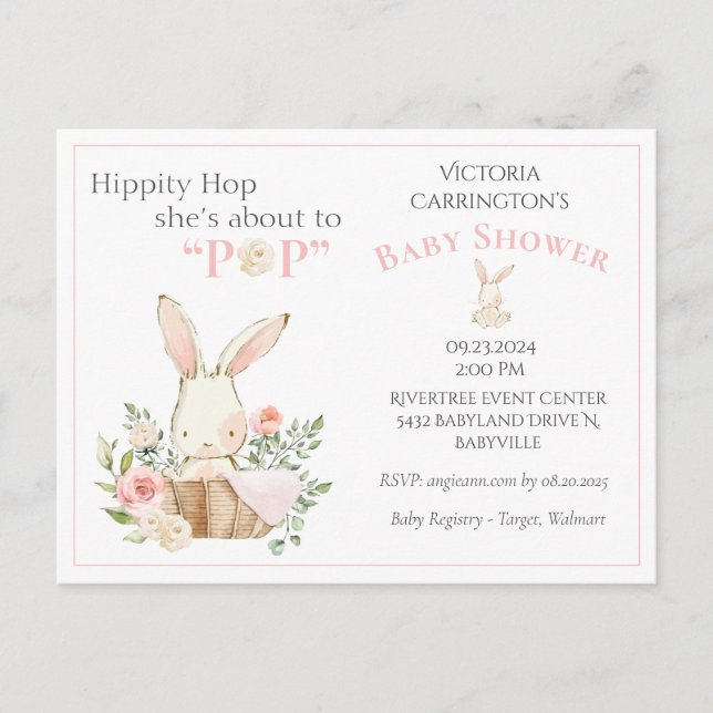 Carte Postale Faire-part de Baby Shower Fille aux Fleurs Roses L (Devant)