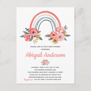 Carte Postale Faire-part de Baby Shower Fleurs Arc-en-ciel Aquar