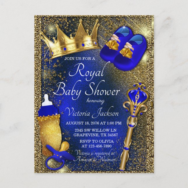 Carte Postale Faire-part de Baby Shower pour Prince Bleu Royal e (Devant)