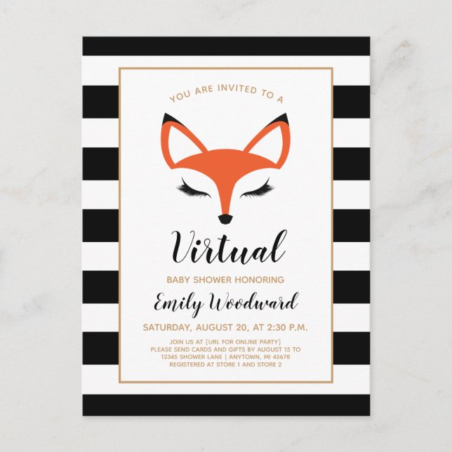 Carte Postale Faire-part de Baby Shower Virtuel avec un Renard M (Devant)