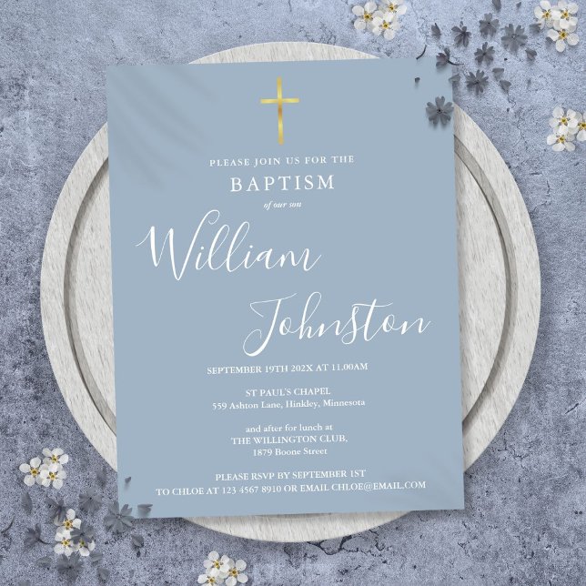 Carte Postale Faire-part de baptême bleu poussiéreux (Baptism Christening Dusty Blue Invitation Postcard)