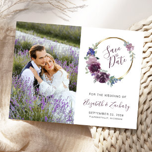 Carte Postale Faire part de boho violet floral cadre or Photo En