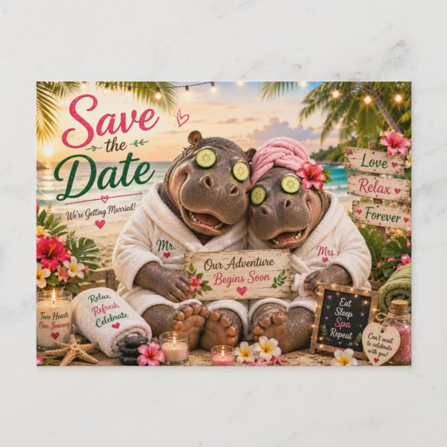 Carte Postale Faire-part de Couple Hippopotames Spa Tropical (Devant)